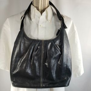 Sereta Black Genuine Leather Shoulder Bag with Metal Ring Accents